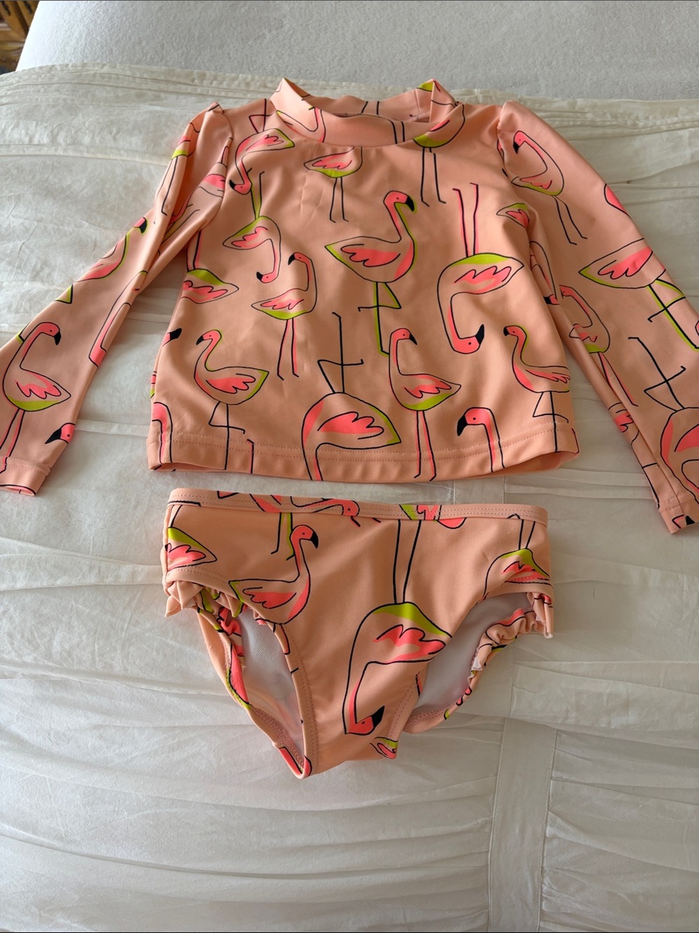 Girls Peach Flamingo Long-Sleeve Rashguard Swim Set